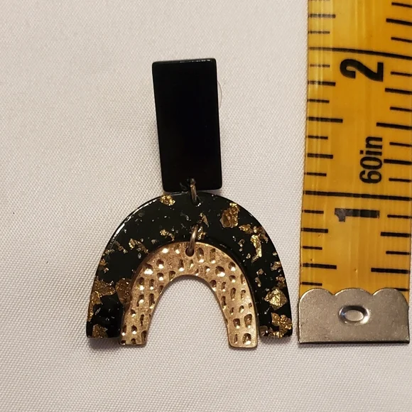 Black Gold Foil Geometric Arch Statement Earrings | Modern Resin Drop Earrings - Picture 5 of 6